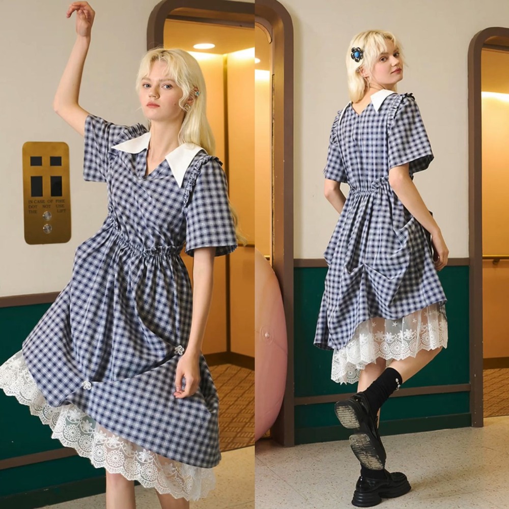 Gingham Asymmetric Jacquard‎ Collar Dress Sz M Cottagecore Preppy Whimsigoth